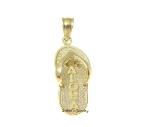 14K YELLOW GOLD HAWAIIAN SLIPPER FLIP FLOP PLUMERIA ALOHA CHARM PENDANT 8.75MM