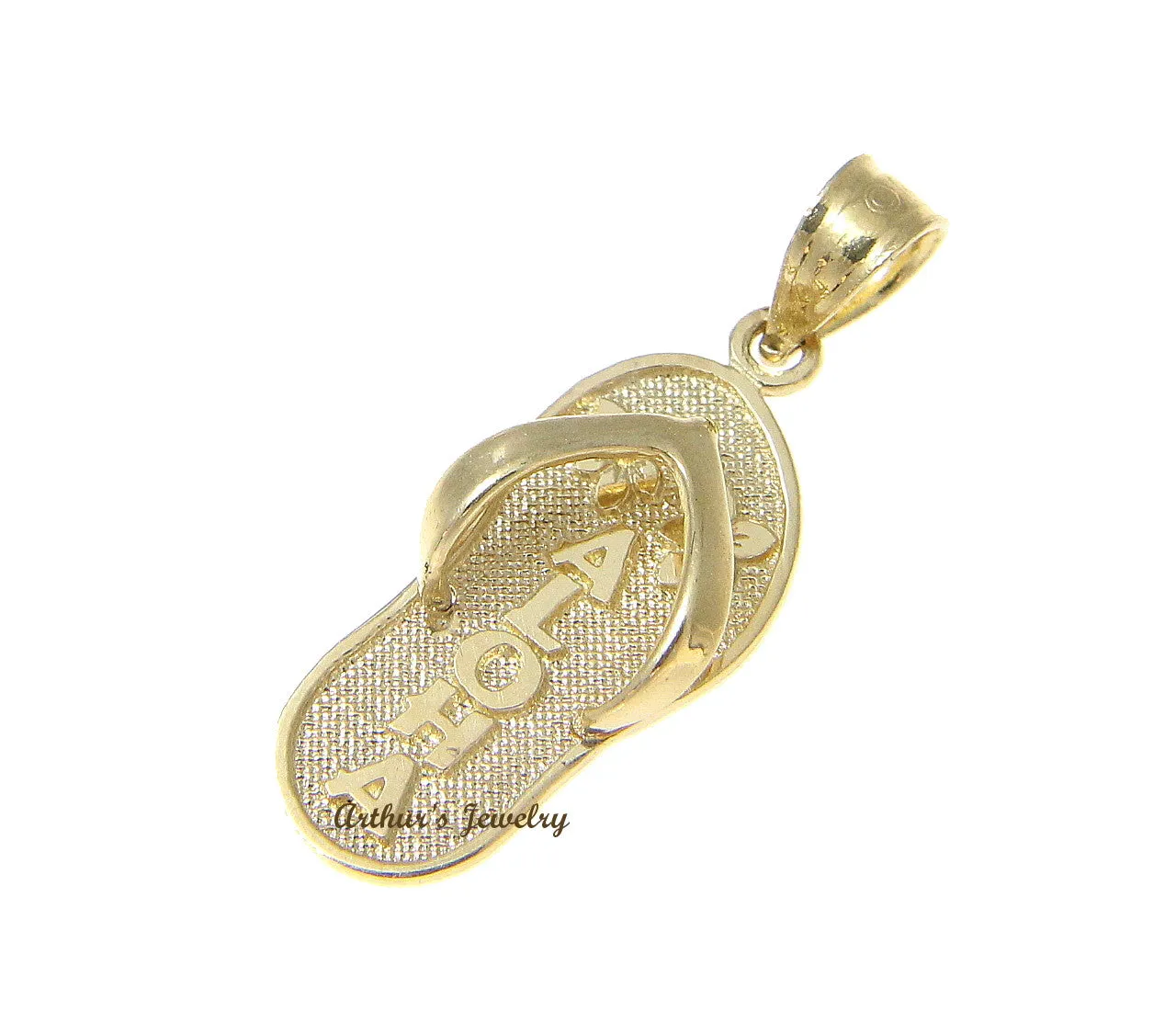 14K YELLOW GOLD HAWAIIAN SLIPPER FLIP FLOP PLUMERIA ALOHA CHARM PENDANT 8.75MM