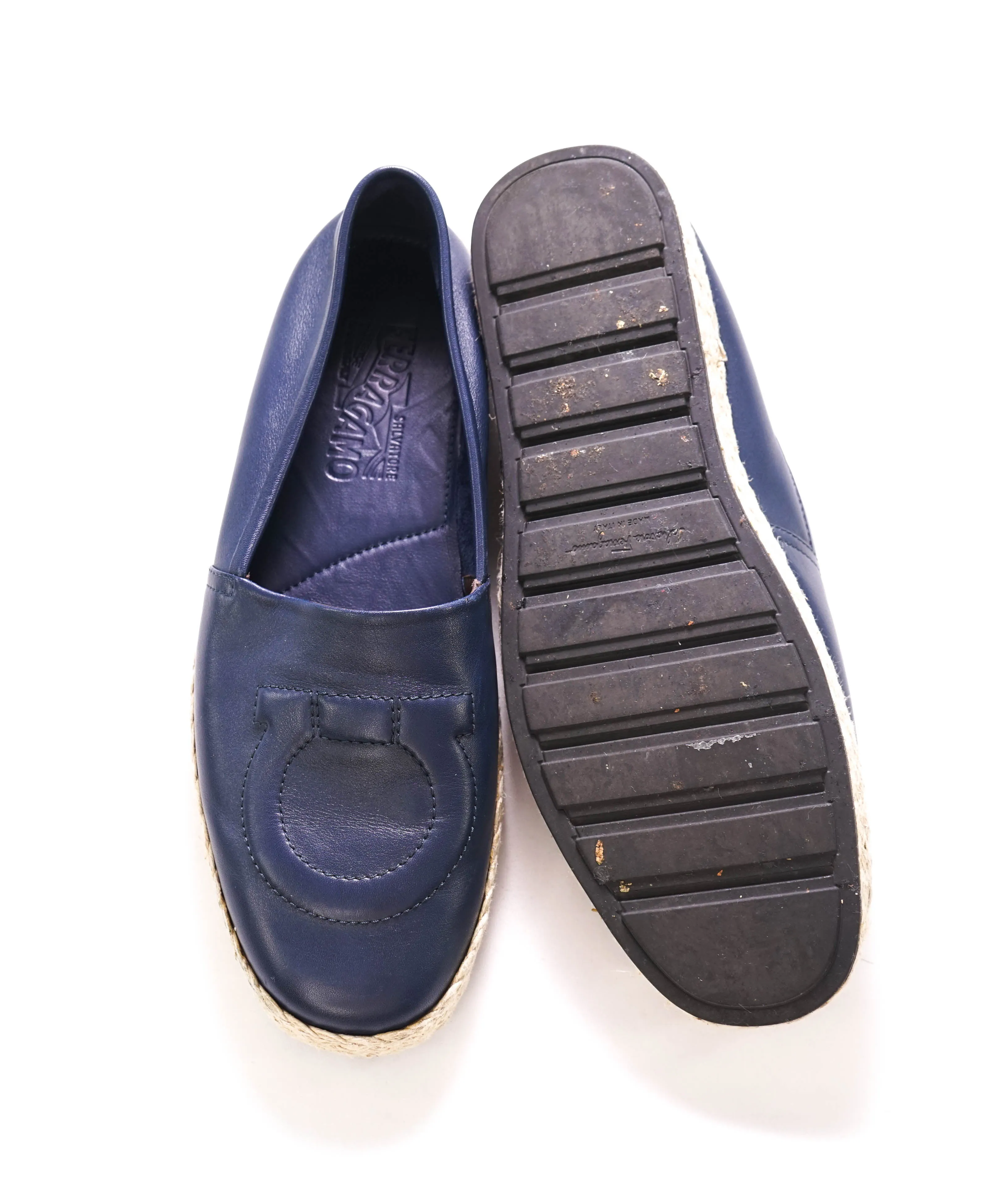 $750 SALVATORE FERRAGAMO - "Gancio" Navy Espadrille Loafer - 9 US