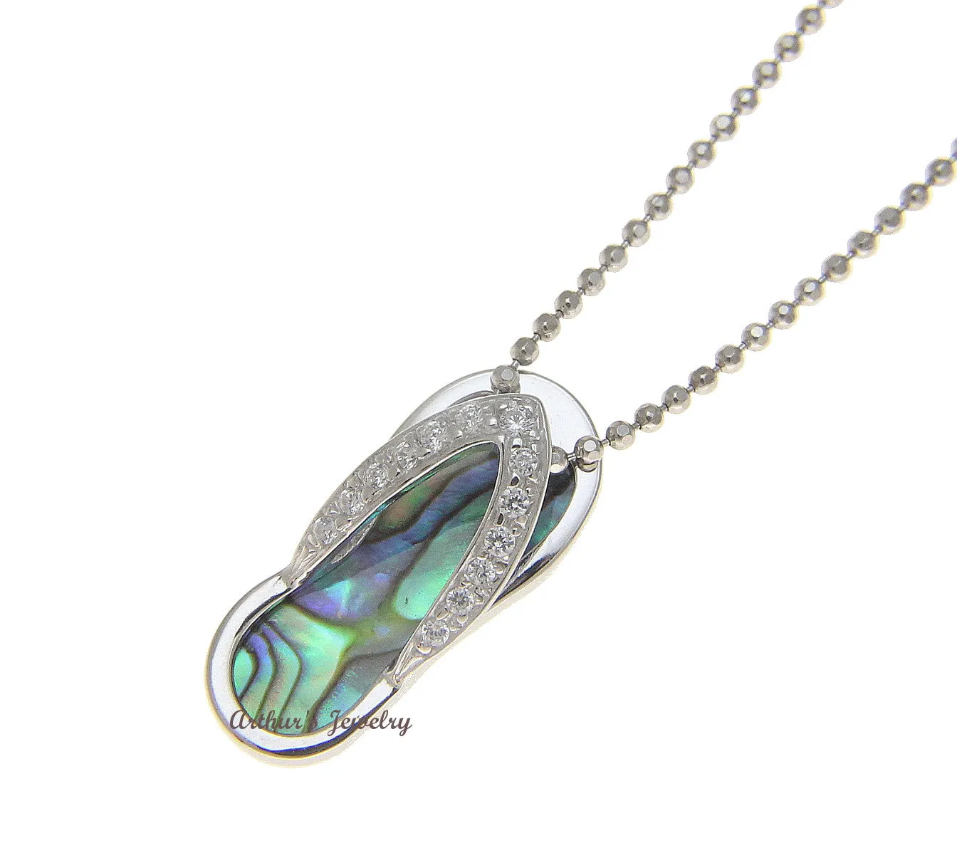 925 Silver Hawaiian CZ Strap Slipper Flip Flop Abalone Paua Shell Pendant