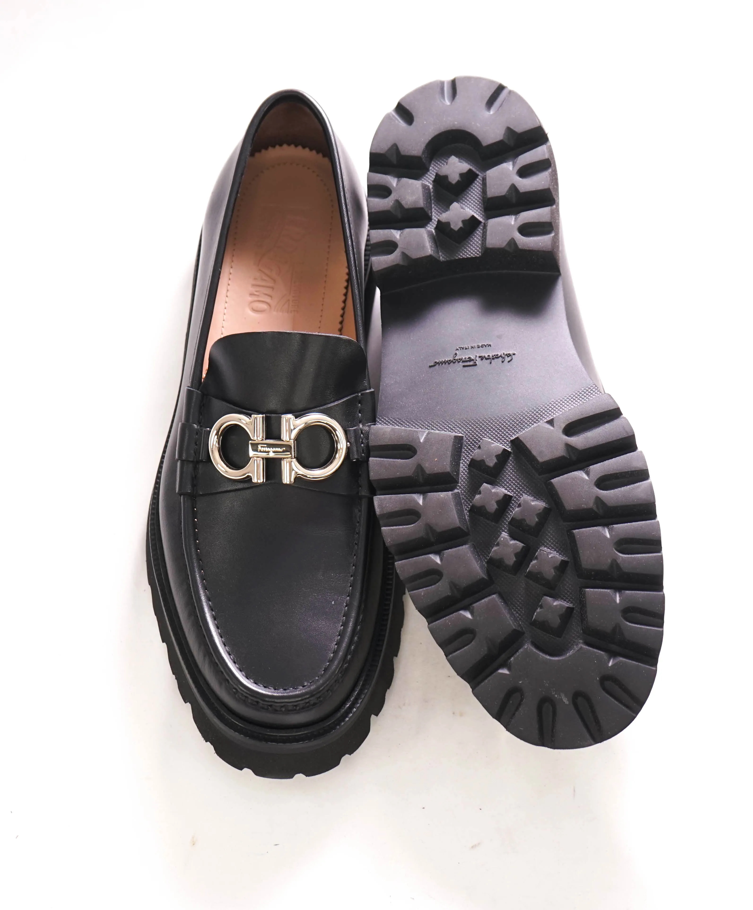 $930 SALVATORE FERRAGAMO - *BLEEKER* Black Leather Heel Lug Sole Loafer - 11.5 E US