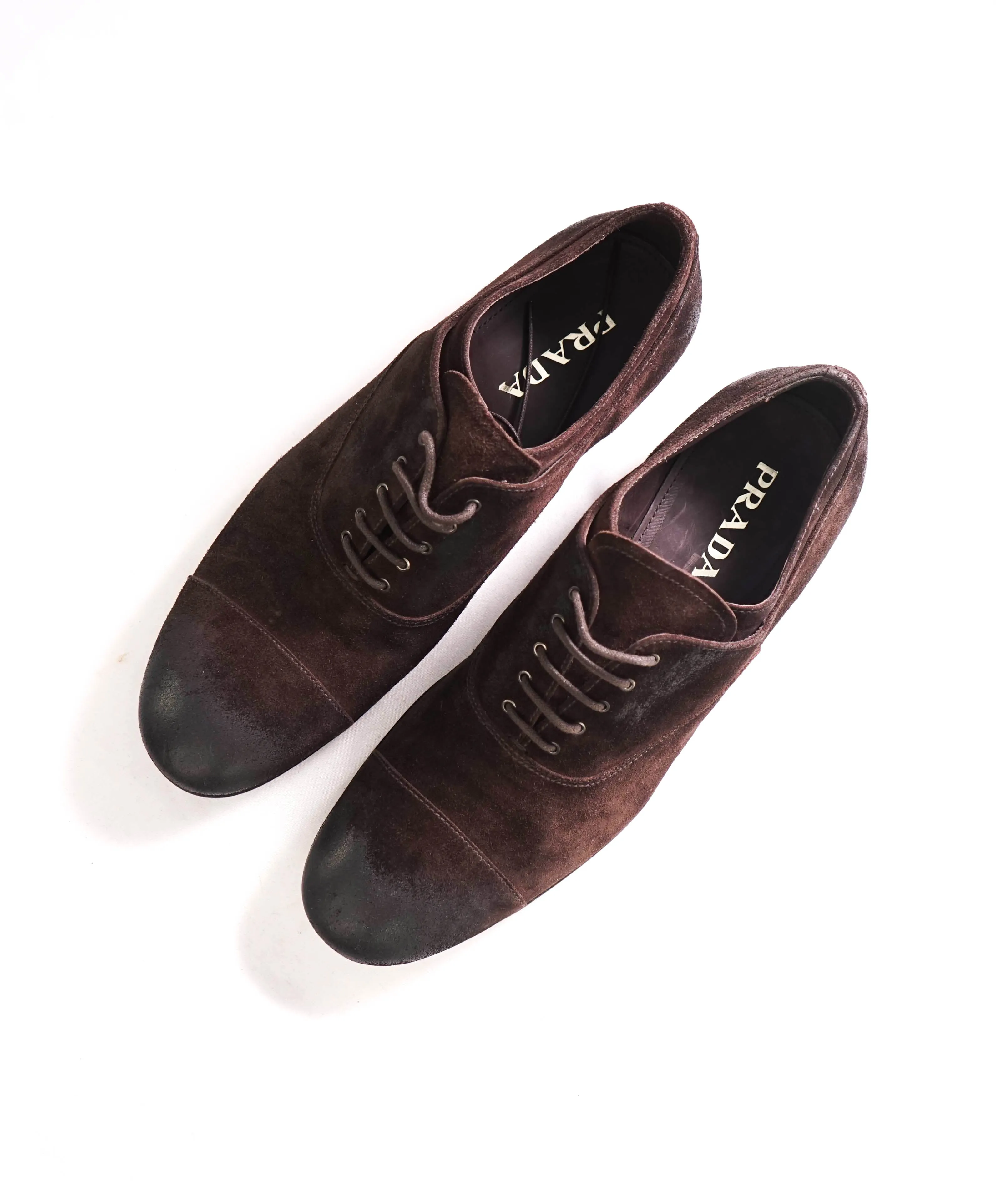 $980 PRADA - Brown Brushed Distressed Suede Cap Toe Oxfords - 9.5 US (8.5 Prada)