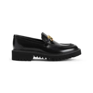 Black Leather Loafers With Decorative Gold Buckle
