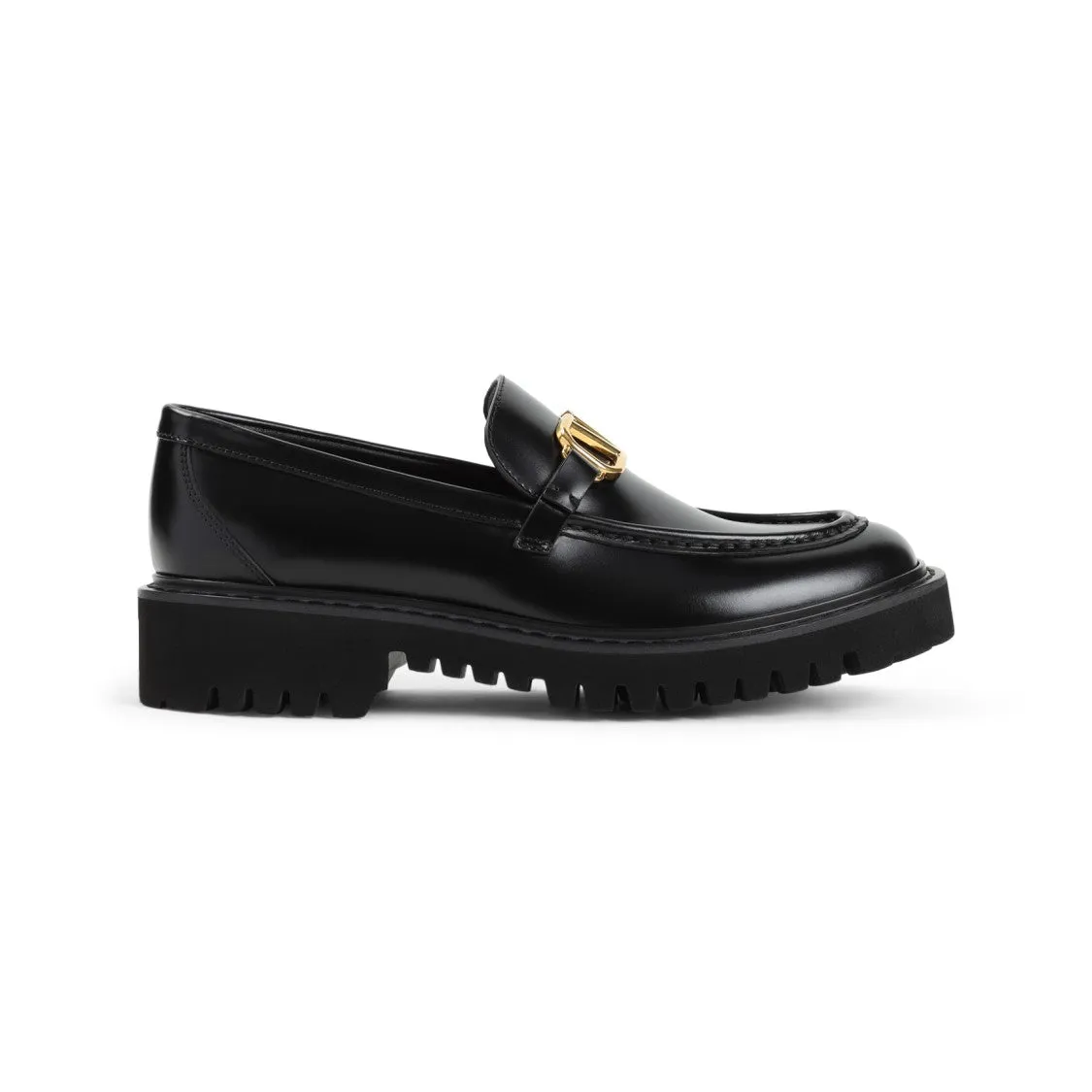Black Leather Loafers With Decorative Gold Buckle