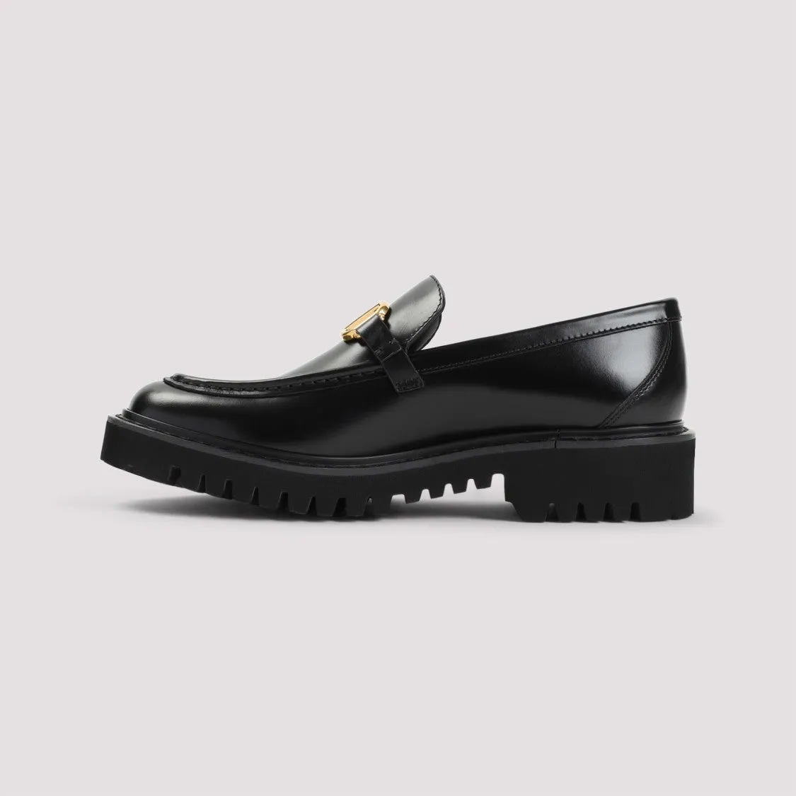 Black Leather Loafers With Decorative Gold Buckle