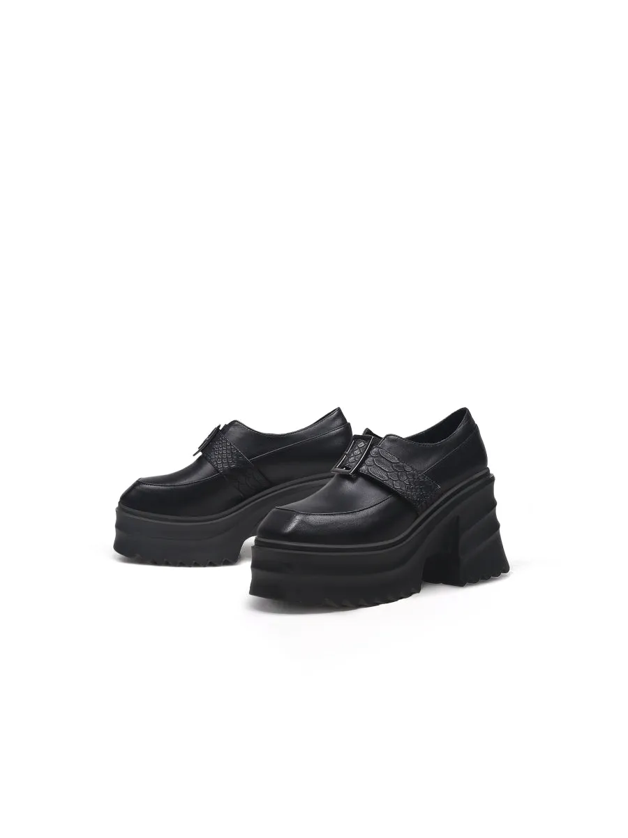 Black Matte Leather Chunky Heel Loafer