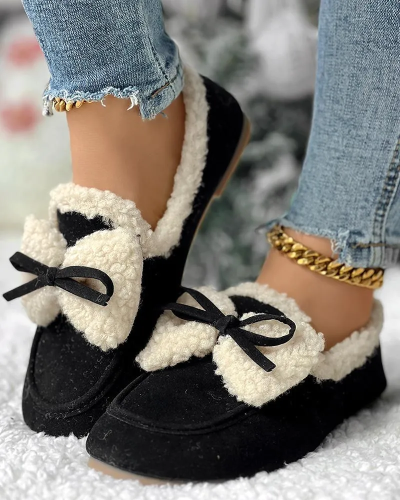Bowknot Slip On Lined Winter Warm Loafers