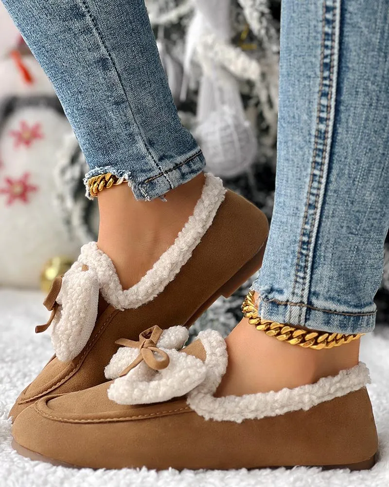 Bowknot Slip On Lined Winter Warm Loafers