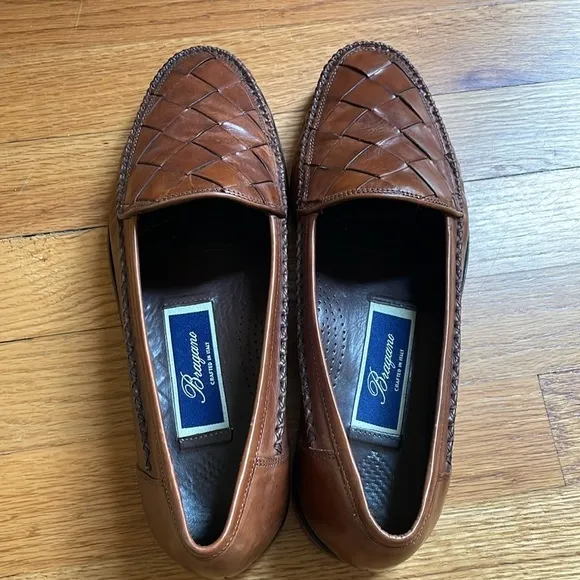 Bragano Men Leather Brown Woven Slip On Loafer Shoe 8.5 Crafted in Italy