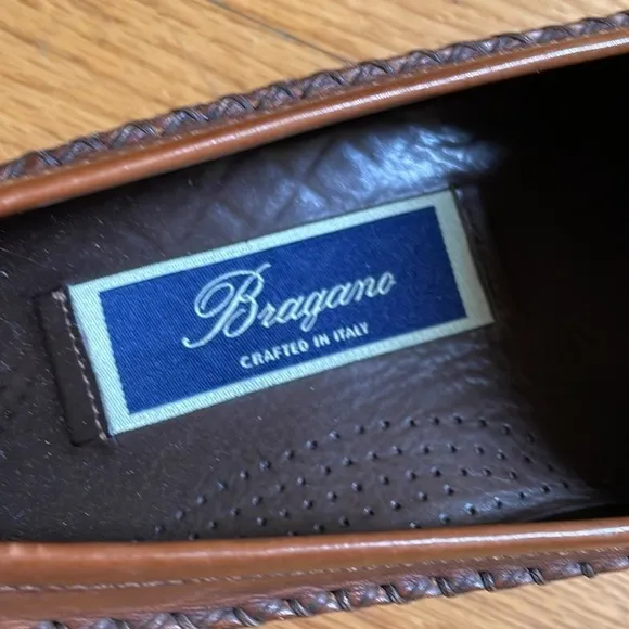 Bragano Men Leather Brown Woven Slip On Loafer Shoe 8.5 Crafted in Italy