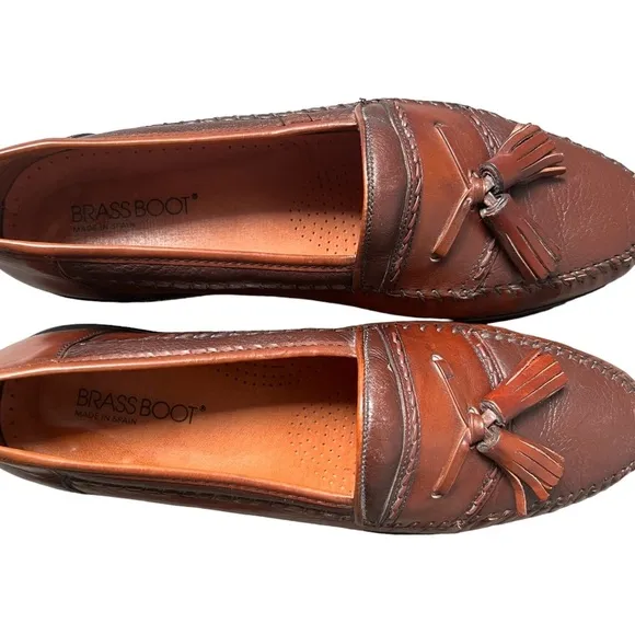 Brass Boot Handmade Leather Tassel Loafer Brown Size 10.5