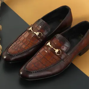 Brown Leather Formal Moccasins with Crocodile Pattern