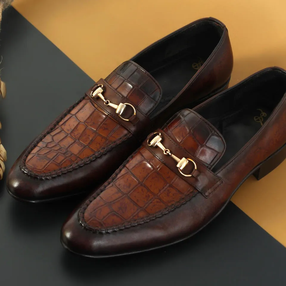 Brown Leather Formal Moccasins with Crocodile Pattern
