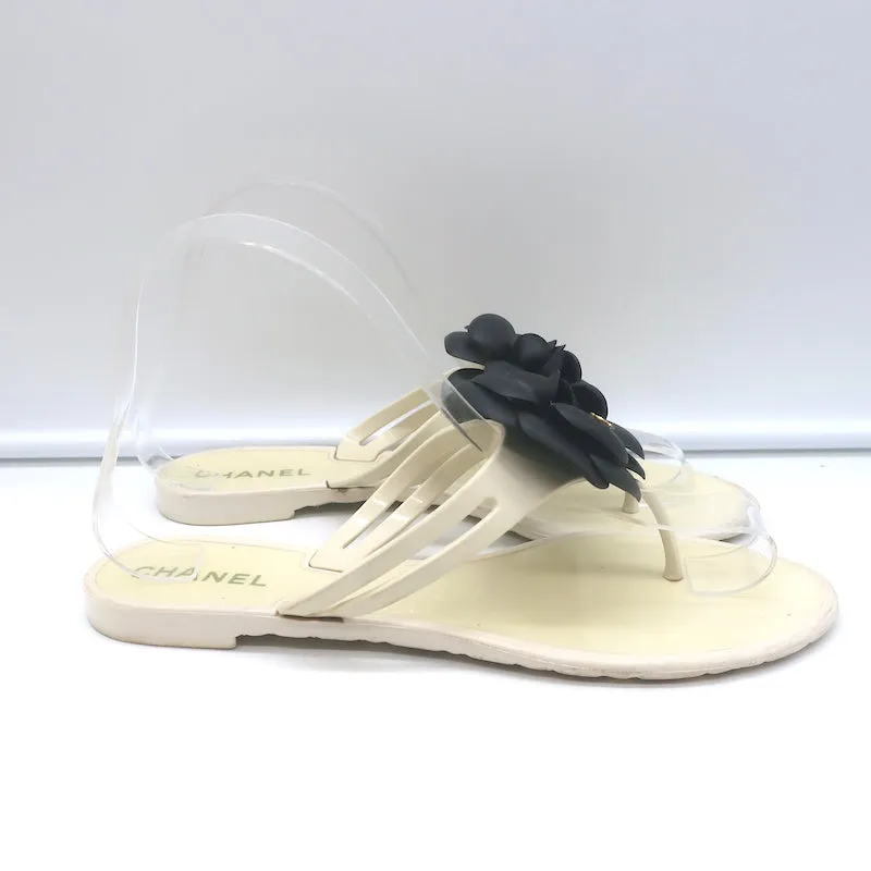 Chanel Jelly Camellia Thong Sandals Cream & Black Rubber Size 38 Flat Flip Flops