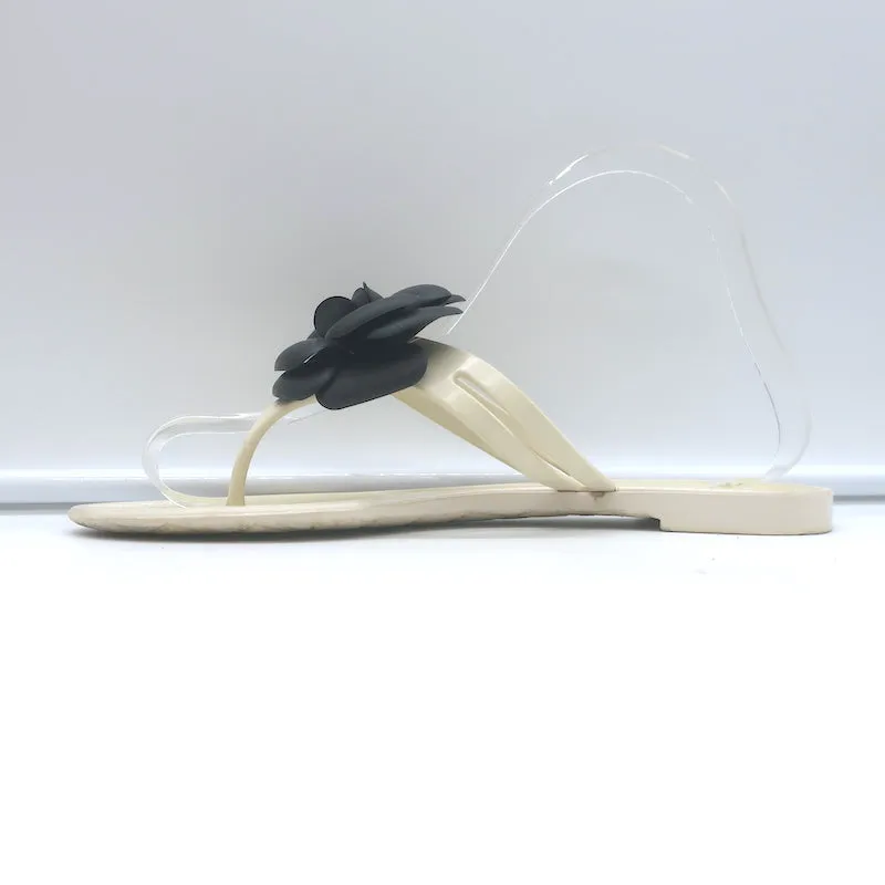 Chanel Jelly Camellia Thong Sandals Cream & Black Rubber Size 38 Flat Flip Flops