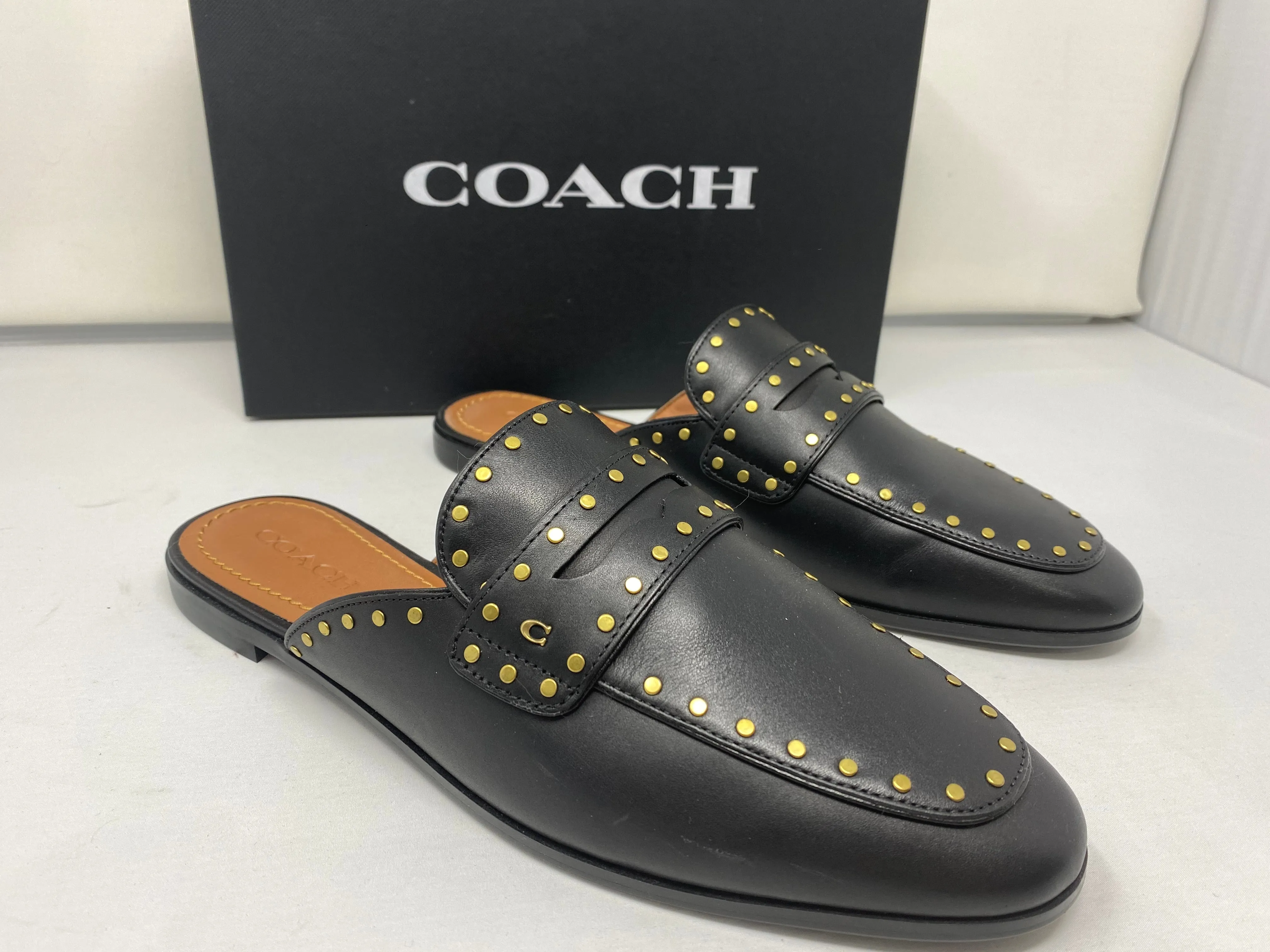 Coach Black Leather Loafer with Gold Studs