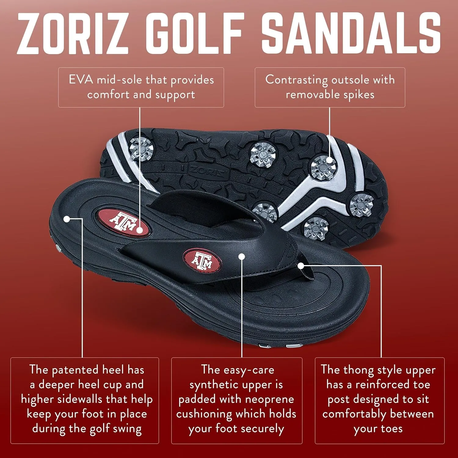 Collegiate Series Golf Sandals for Women and Men, Thong Flip Flops with Removable Spikes, Golf Footwear with Deeper Heel Cup and Higher Sidewalls
