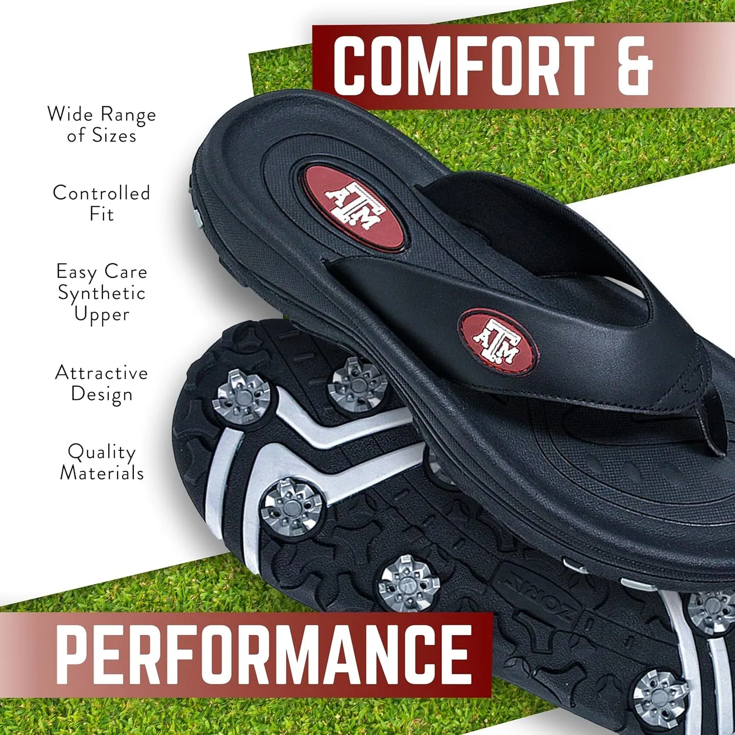 Collegiate Series Golf Sandals for Women and Men, Thong Flip Flops with Removable Spikes, Golf Footwear with Deeper Heel Cup and Higher Sidewalls