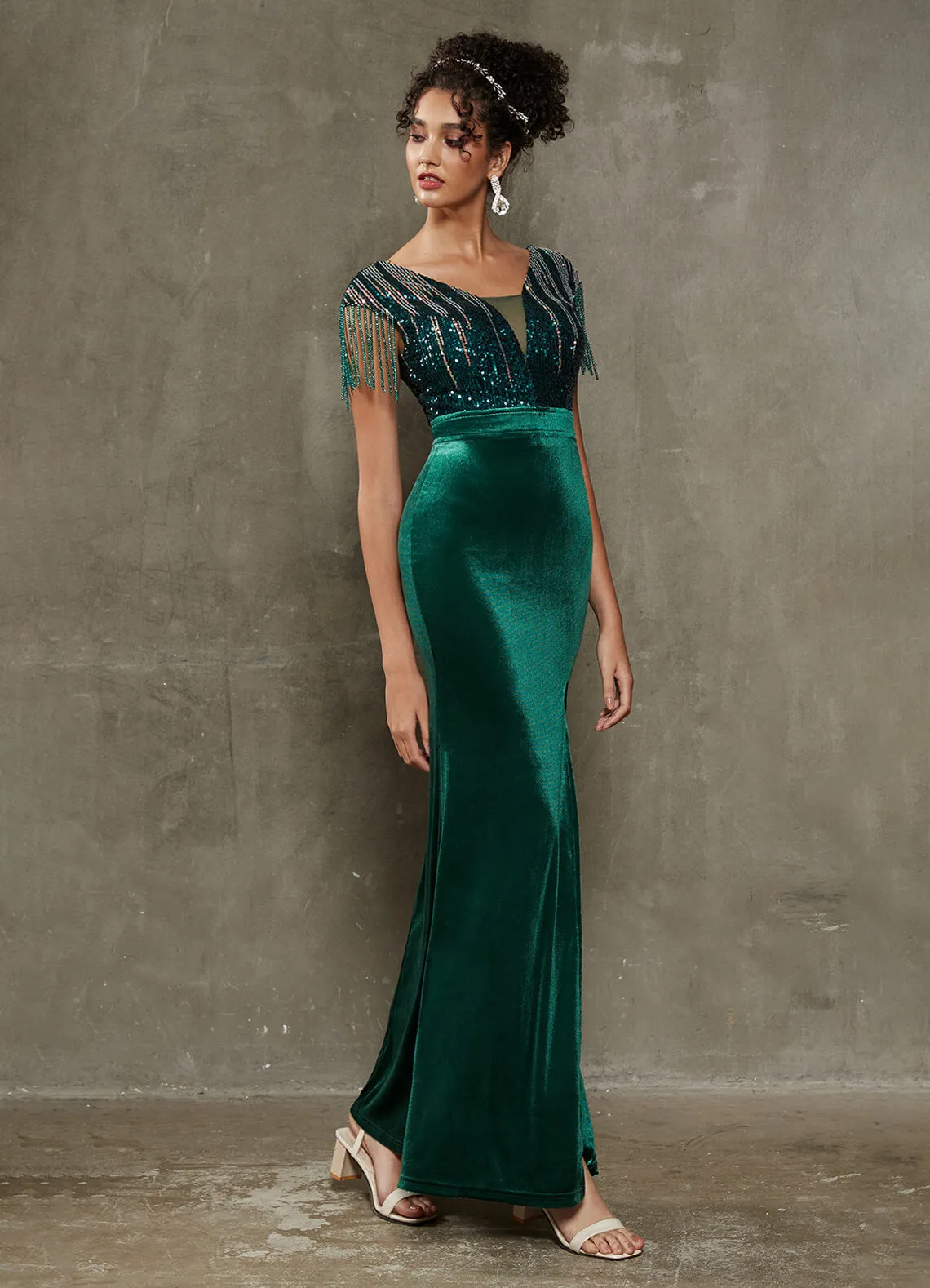 Emerald Green Velvet Sequin Tassels Mermaid Formal Gown With Slit