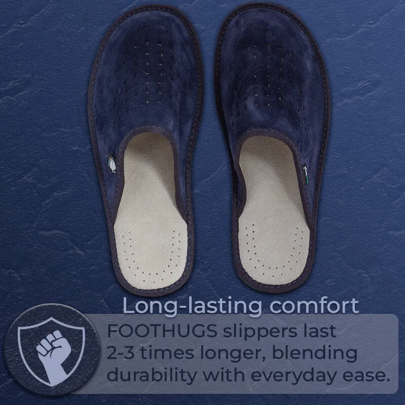 FOOTHUGS Men's Natural Leather Mule Slippers with Memory Foam Health Insole - Navy Blue