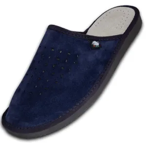 FOOTHUGS Men's Natural Leather Mule Slippers with Memory Foam Health Insole - Navy Blue