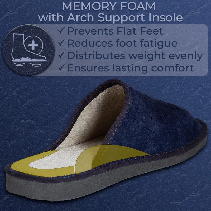FOOTHUGS Men's Natural Leather Mule Slippers with Memory Foam Health Insole - Navy Blue