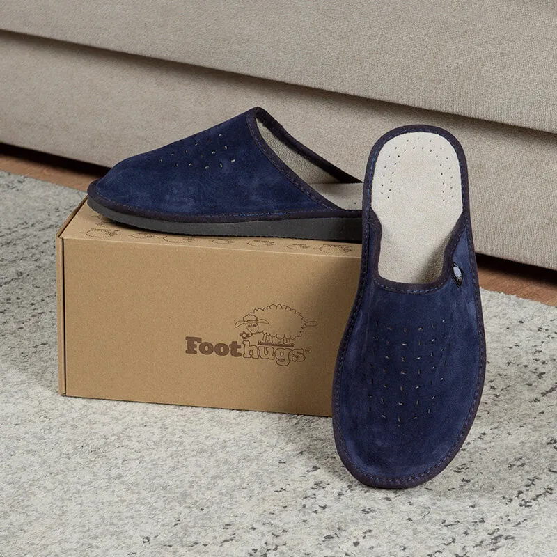 FOOTHUGS Men's Natural Leather Mule Slippers with Memory Foam Health Insole - Navy Blue