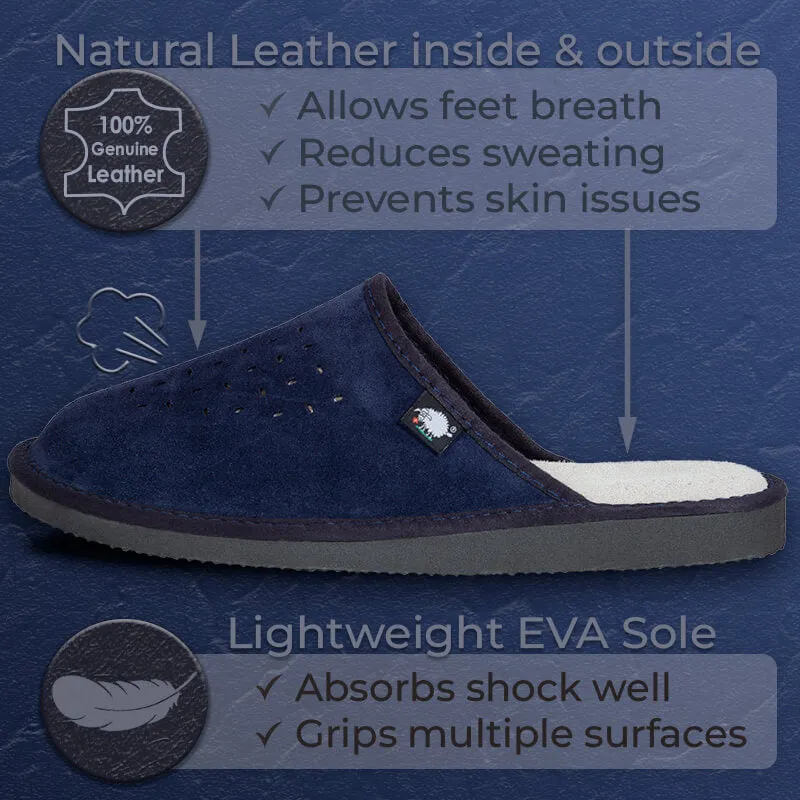 FOOTHUGS Men's Natural Leather Mule Slippers with Memory Foam Health Insole - Navy Blue