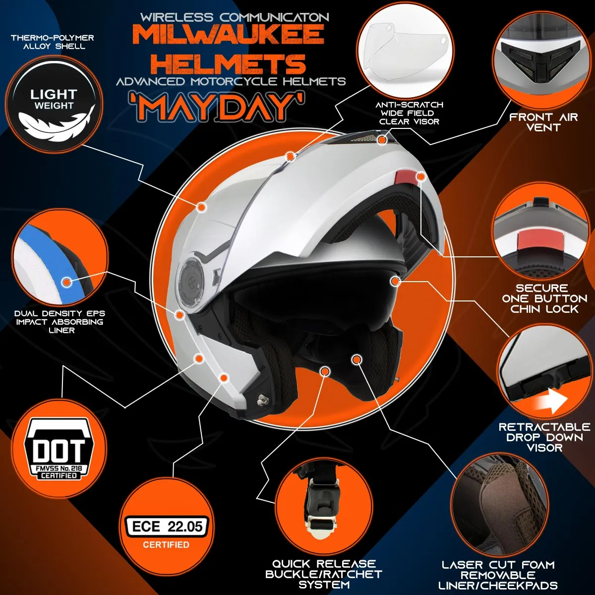 H7010 Flat Gray 'Mayday' Modular Motorcycle Helmet w/ Intercom - Built-in Speaker and Microphone for Men / Women