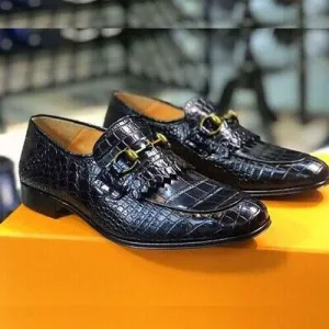 Handmade Black Crocodile Embossed Leather Moccasins