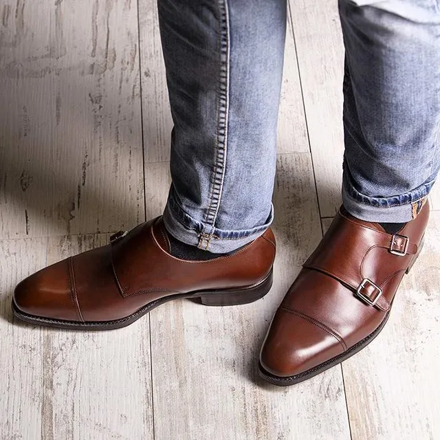 Handmade Brown Leather Double Buckle Oxfords for Men