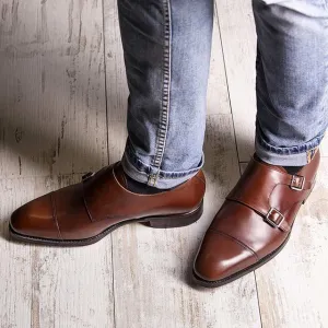 Handmade Brown Leather Double Buckle Oxfords for Men