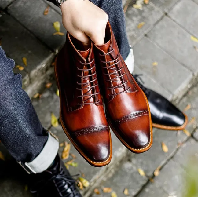 Handmade Brown Leather Oxfords Ankle Boots for Men