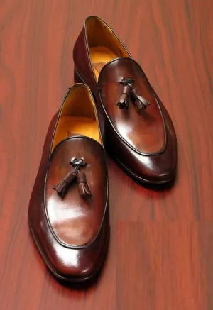 Handmade Brown Leather Tassel Moccasins for Men