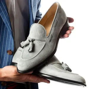 Handmade Light Gray Suede Casual Moccasins for Men