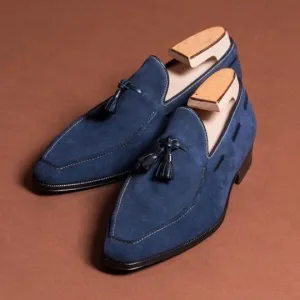 Handmade Men's Navy Blue Suede Tasseled Moccasins