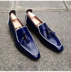 Handmade Navy Blue Square Toe Leather Moccasins