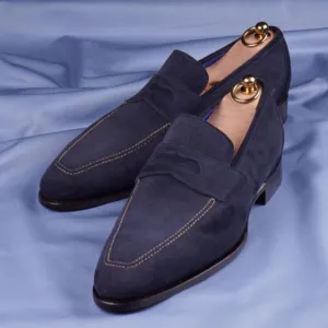 Handmade Navy Blue Suede Moccasins for Men