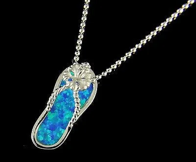 INLAY OPAL SILVER 925 HAWAIIAN HIBISCUS FLOWER SLIPPER FLIP FLOP THONG PENDANT