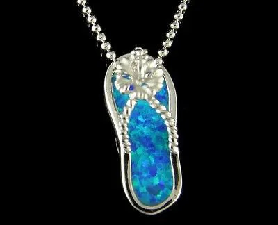 INLAY OPAL SILVER 925 HAWAIIAN HIBISCUS FLOWER SLIPPER FLIP FLOP THONG PENDANT
