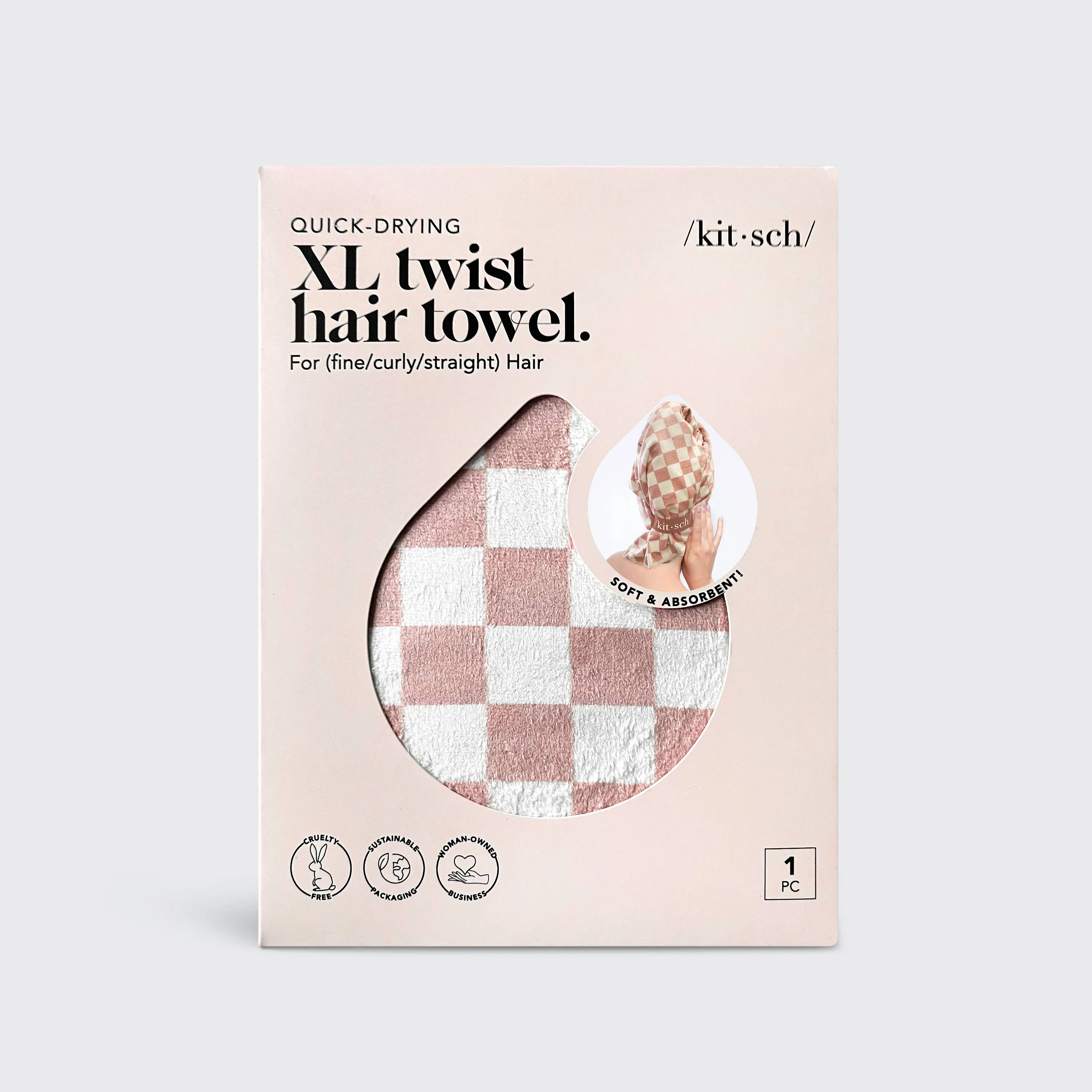 KITSCH Extra Large Quick-Dry Hair Towel Wrap | Terracotta Checker