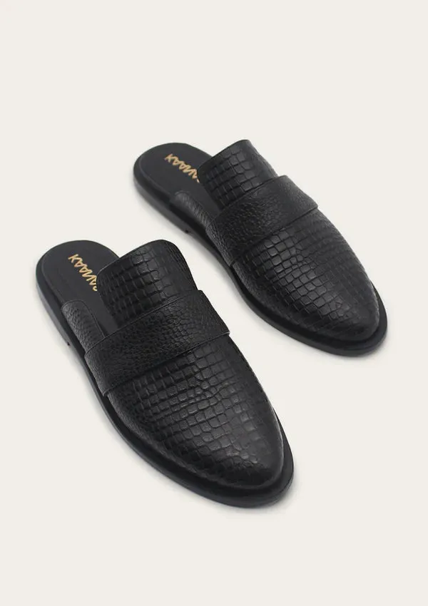 Latvia Embossed Leather Loafer Mule: Black