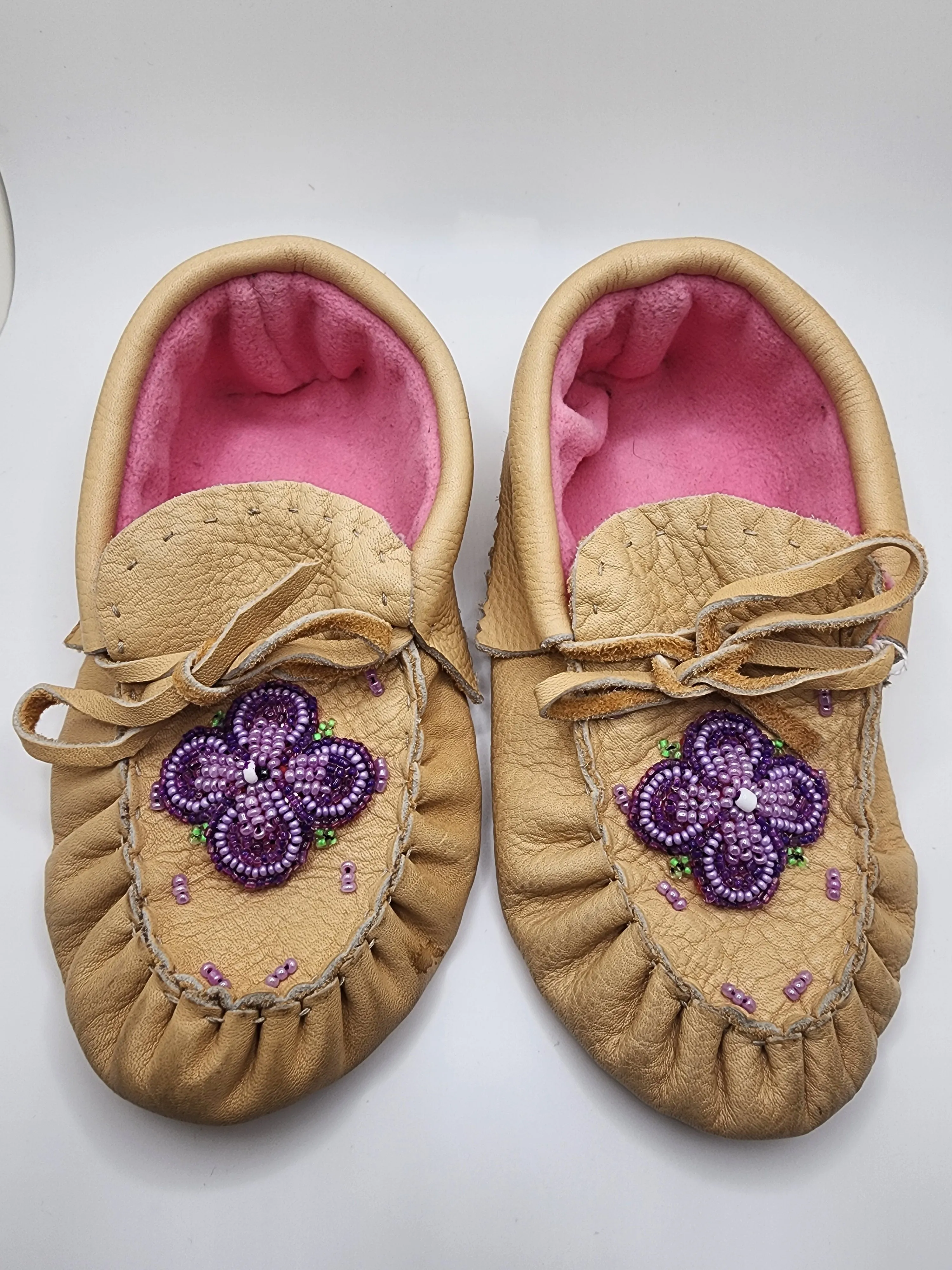 Leather Moccasins - Size 1(U.S) - with Beaded Flower Design