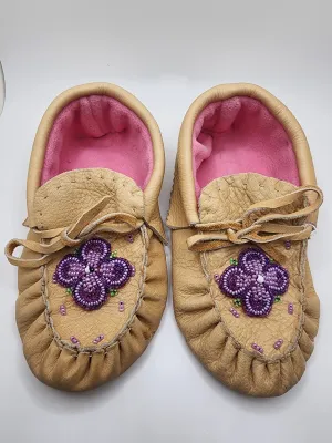 Leather Moccasins - Size 1(U.S) - with Beaded Flower Design
