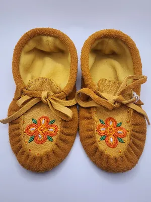 Leather Seude Moccasins - Size 1(U.S) - with Beaded Flower Design