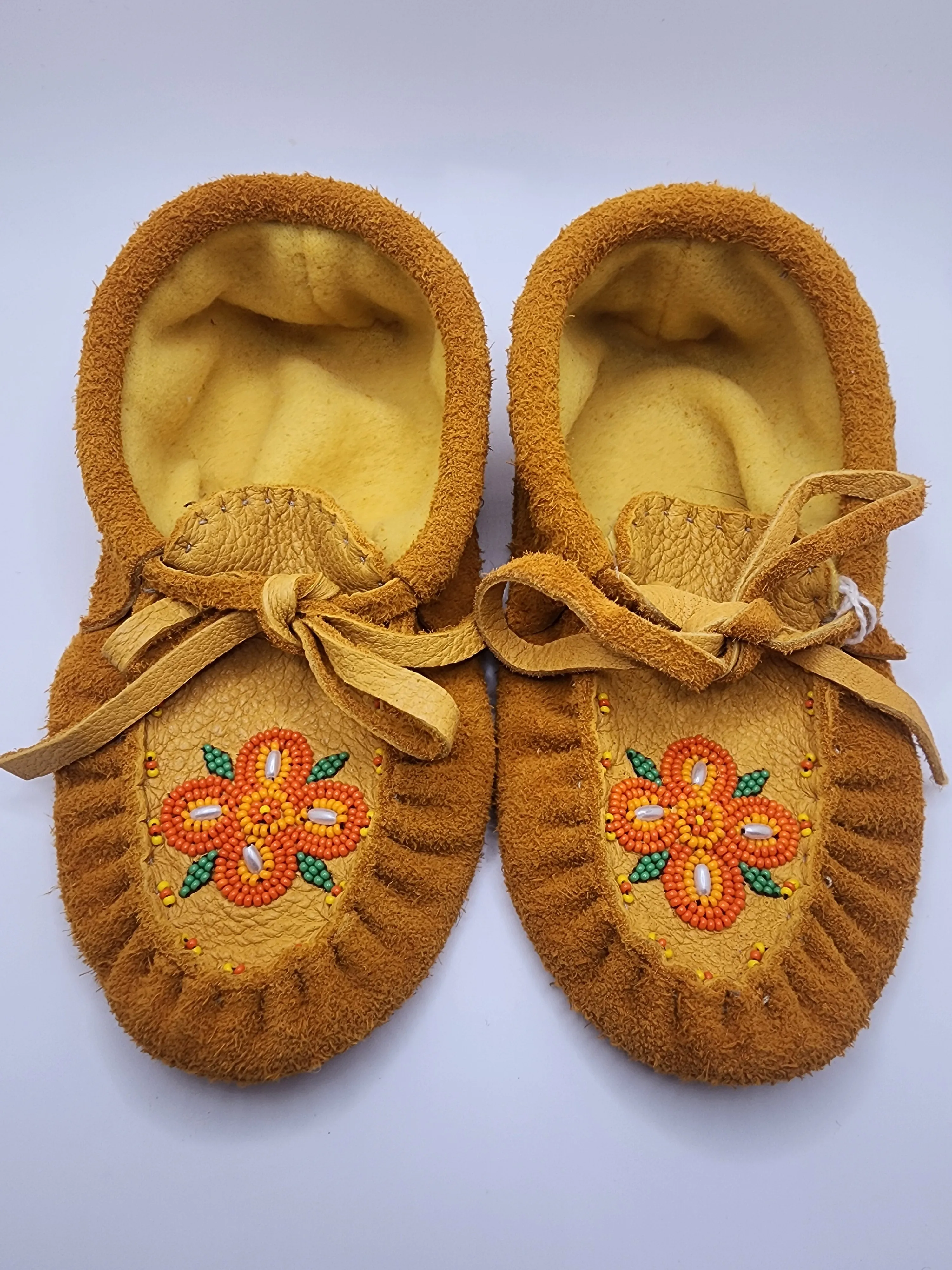Leather Seude Moccasins - Size 1(U.S) - with Beaded Flower Design