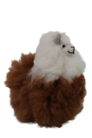 Llama Figurine Original Fur. Stuffed Llama White & Brown Color. 5" Inch.