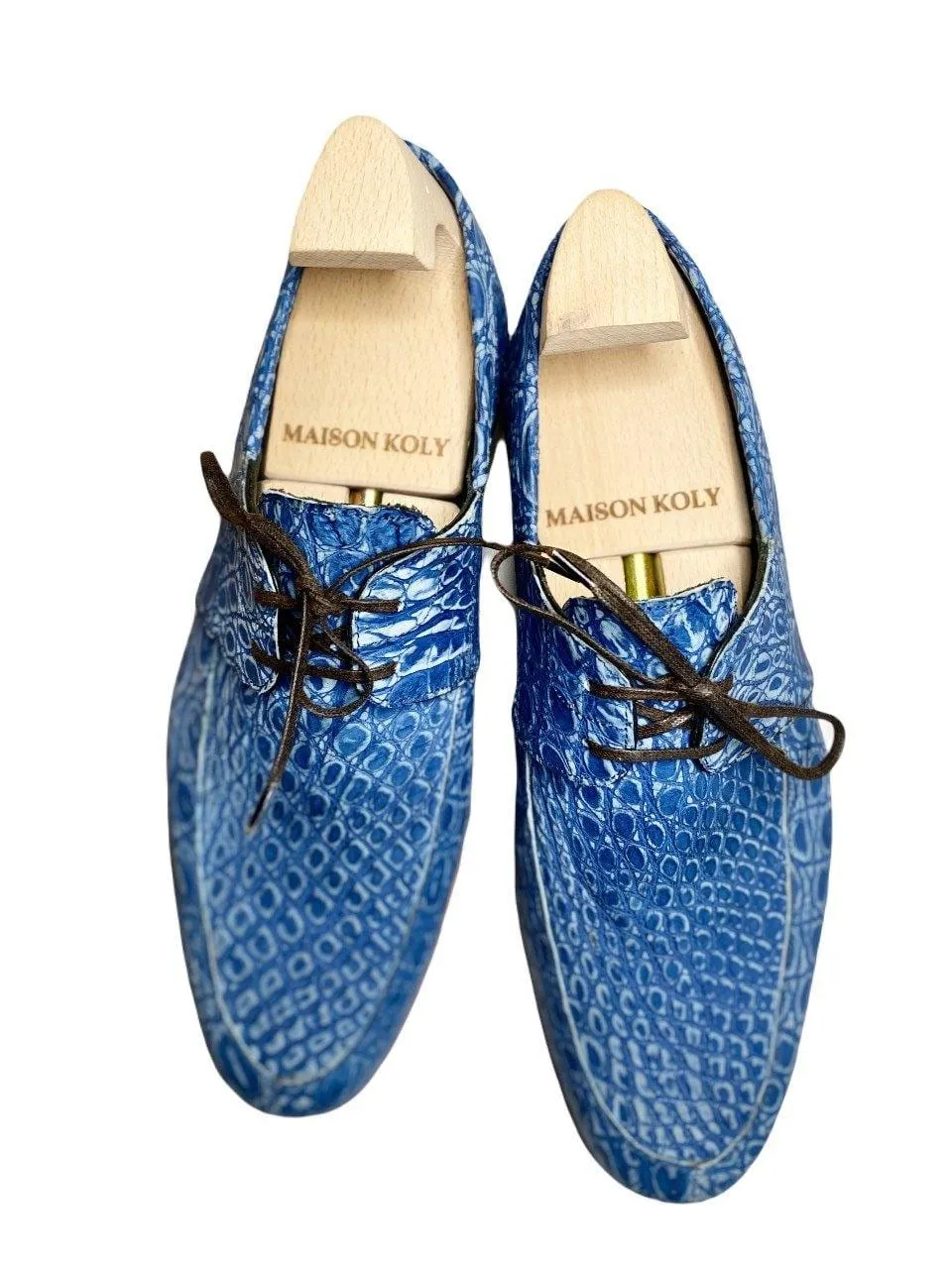 Maison Koly Zanzibar Crocodile suede Navy Boat shoes