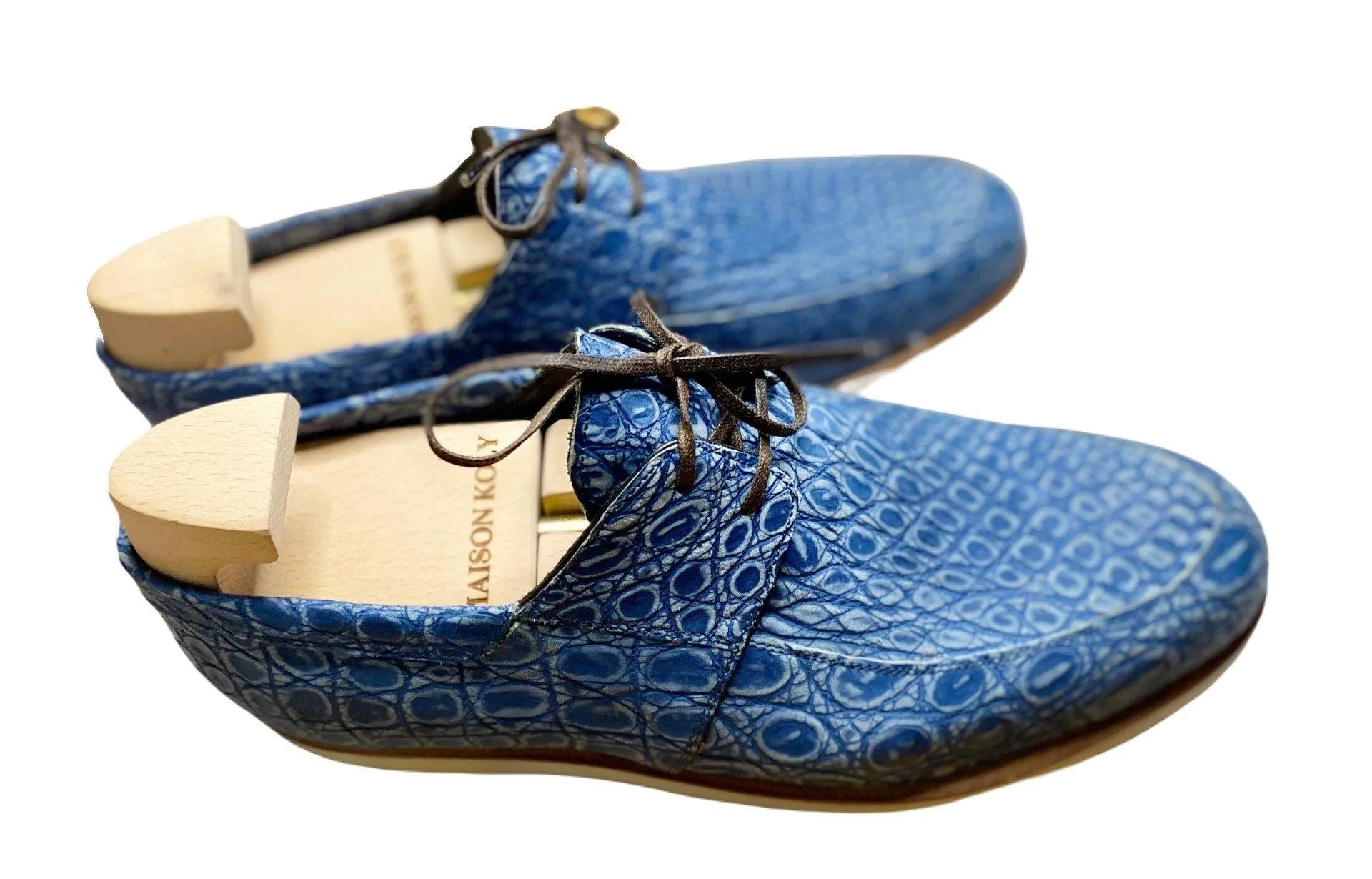 Maison Koly Zanzibar Crocodile suede Navy Boat shoes