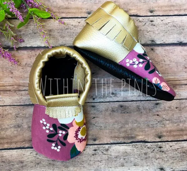 Mauve Floral Leather Fringe Moccasins